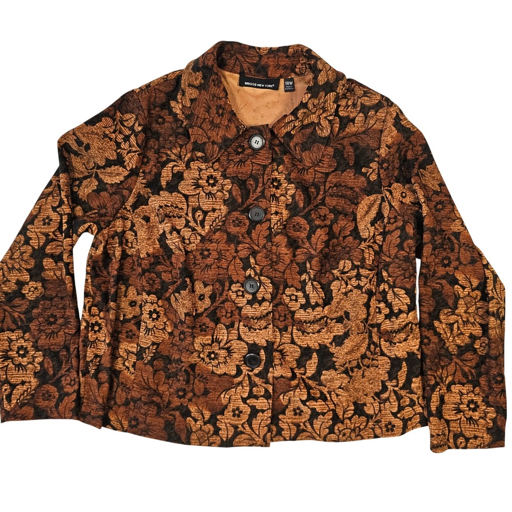 Briggs New York Womens 18W Floral Tapestry Jacket Brown Copper Button Front